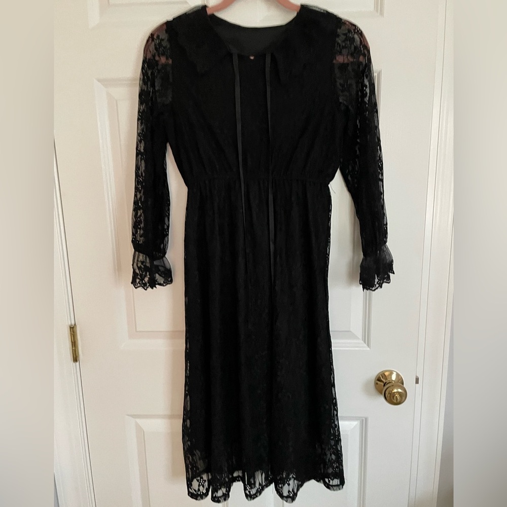Black Midi Lace Overlay Long Sleeve Dress